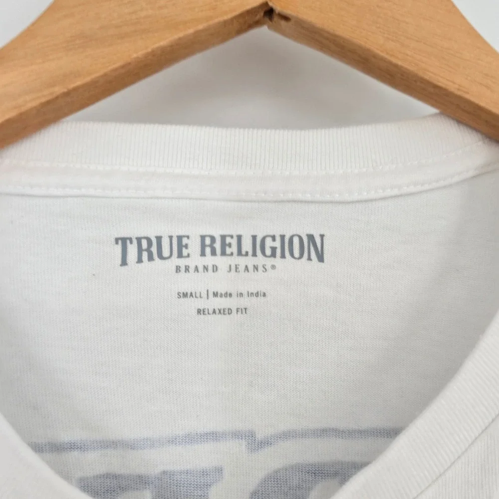 True Religion Mens Relaxed Fit White Graphic T-Shirt Navy Horseshoe Logo Small